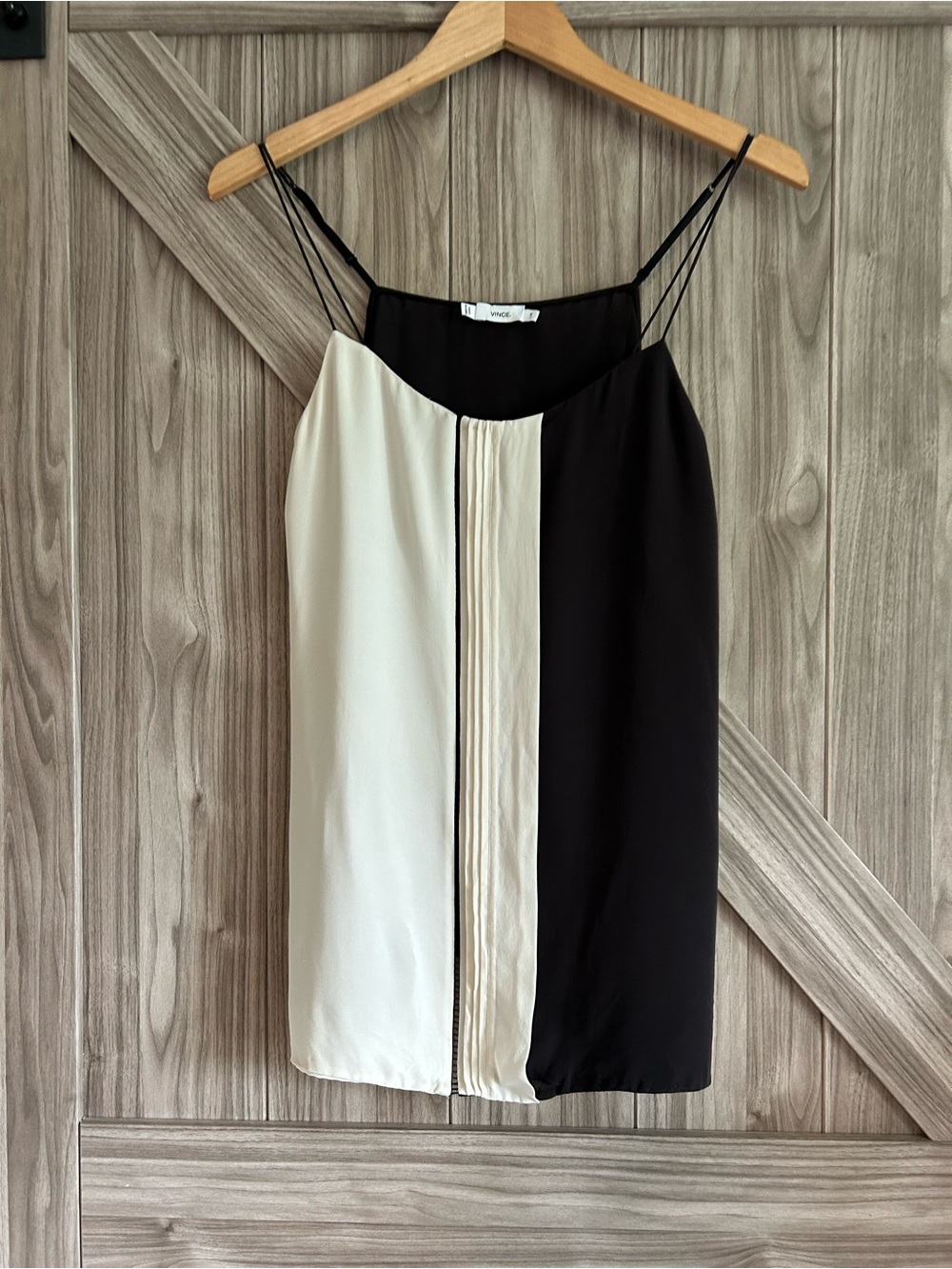 Vince Silk Colorblock Ladder Stitch Pleated Camisole Tank Top M/L Black White